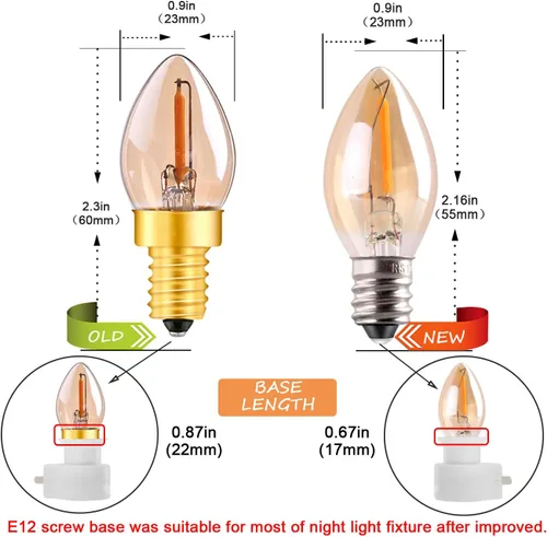 Vista 3 de Bombilla nocturna LED C7, base de vela estilo Edison clásico E12, bombilla de filamento LED de 0.5 W, bombilla de repuesto de luz de letrero