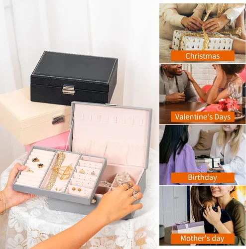 Vista 5 de Smileshe Joyero para mujeres y niñas, organizador de piel sintética con cerradura, 2 capas extraíbles de almacenamiento de viaje para anillos