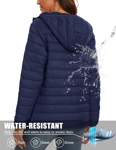 Vista 3 de MAGCOMSEN Chaqueta acolchada con capucha para mujer, ligera, acolchada, con 4 bolsillos, con cremallera, ropa cálida para invierno