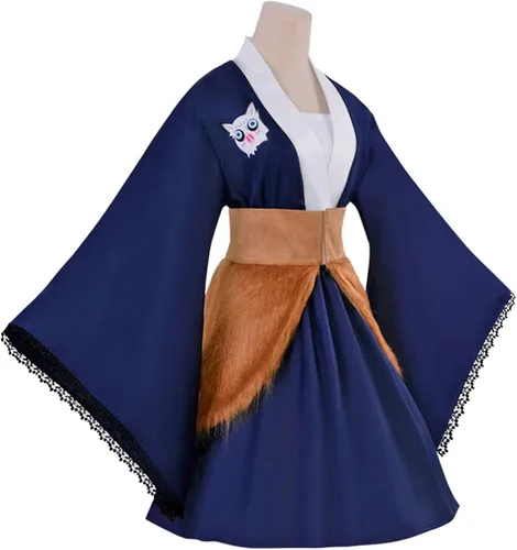 Vista 2 de DELIHOM Anime Hashibira Inosuke - Vestido kimono para mujer disfraz de cosplay con falda de felpa bata Inosuke para adultos