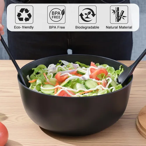 Vista 2 de GEHE - Juego de ensaladera de fibra de bambú con utensilios para servir - Grande de 9.8 pulgadas, recipientes para mezclar de bambú sólido
