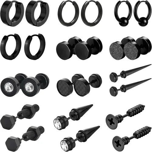 Vista 8 de NEWITIN 12 Pairs Black Earrings for Men Stainless Steel Stud Earrings Set Oro delicado