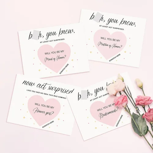 Vista 5 de 10 tarjetas para raspar propuestas de dama de honor, 6 damas de honor, 1 dama de honor, 1 matrona de honor, 2 niñas de flores. Regalos únicos