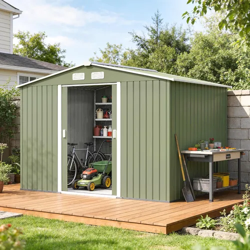 Vista 30 de Outsunny Cobertizo de almacenamiento exterior de 11' x 13', cobertizo de metal para herramientas de jardín con kit de cimentación, puerta con doble