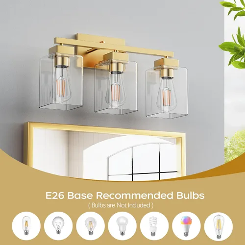 Vista 4 de PARTPHONER Lámparas de baño de 3 luces, luces de tocador modernas de oro cepillado, accesorios de iluminación de baño sobre el espejo, apliques