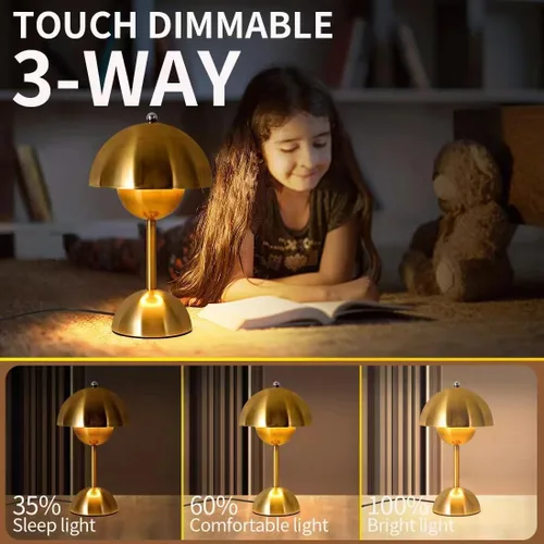 Vista 3 de Lámpara de mesa con control táctil, lámpara de seta dorada regulable, luz nocturna para dormitorio, sala de estar, estudio, cafetería, oficina, luz