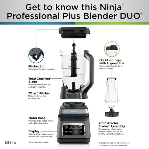 Vista 7 de Ninja BN751 Professional Plus DUO Licuadora, 1400 vatios máximo, 3 programas de autoIQ para batidos, bebidas congeladas y extracciones