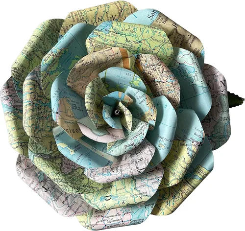 Vista 8 de Flores de papel de mapa hechas a mano, rosa de papel hecha a partir de páginas del Atlas Mundial recicladas, regalos para amantes de los viajes