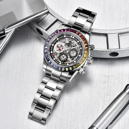Vista 3 de Pagani Design Relojes mecánicos automáticos de lujo para hombre, esfera de esqueleto, acero inoxidable, bisel de arco iris, correa de goma, 328.1