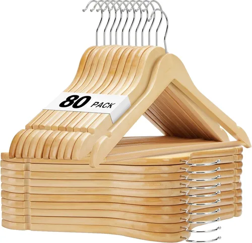 Vista 13 de HOUSE DAY - Paquete de 10 perchas de madera negra, percha de madera maciza con barra antideslizante para pantalones, percha de abrigo de madera Negro