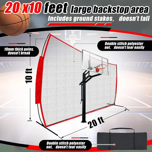Vista 2 de Red de baloncesto de 20 x 10 pies, red de barrera deportiva para rebote de patio trasero para proteger el rebote y el retorno del baloncesto