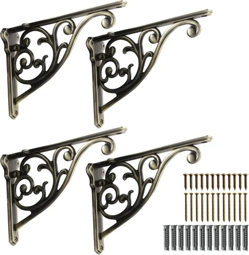 Vista 24 de Soportes de estante de 4 pulgadas, paquete de 4 soportes de pared de latón antiguo de alta resistencia, estantes decorativos de cocina victoriana