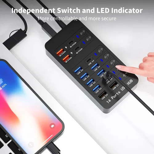 Vista 4 de Concentrador USB con alimentación, divisor USB de 14 puertos (10 puertos de transferencia de datos más rápidos + 4 puertos de carga USB inteligente)