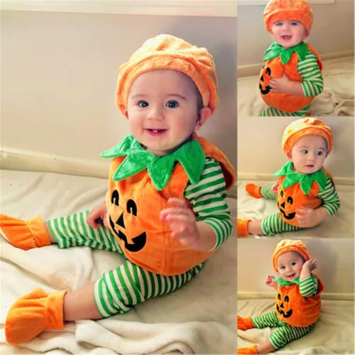 Vista 3 de Disfraz de calabaza de Halloween para bebé, niña y niño, con gorro