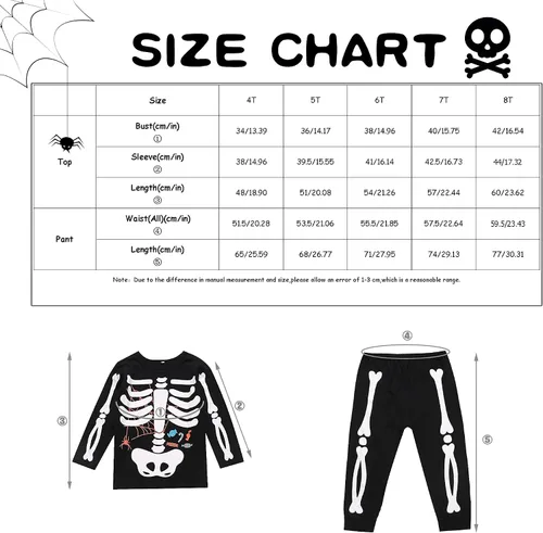 Vista 7 de Conjunto de pijama unisex para niños y niñas, disfraz de esqueleto