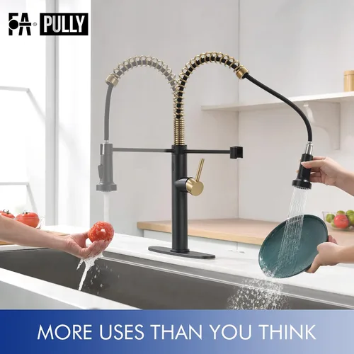 Vista 6 de Fapully Grifo de cocina sin contacto con rociador extraíble, sensor negro y dorado, grifo comercial de fregadero de cocina de una sola manija