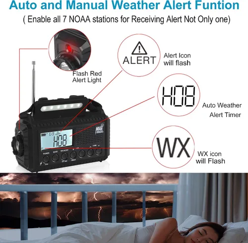 Vista 3 de Radio meteorológica digital NOAA 5000, manivela solar de 5 vías, cargador de radio de emergencia/teléfono portátil con pantalla LCD retroiluminada
