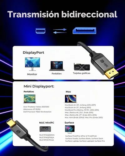 Vista 6 de Silkland Cable Mini DisplayPort a DisplayPort 2.1 de 16 K a 60 Hz, 6.6 pies