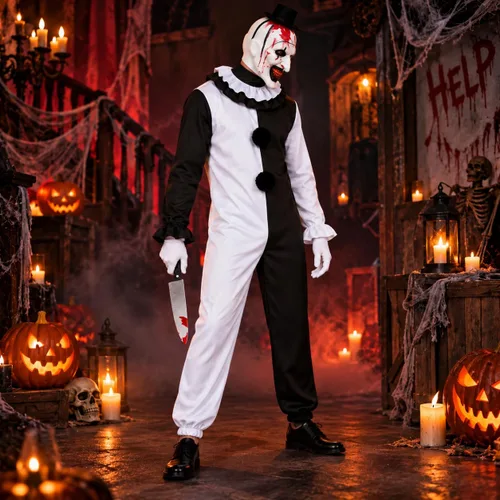 Vista 6 de 5Pcs Art Clown Costume Adults Terrifying Mask Halloween Outfit White