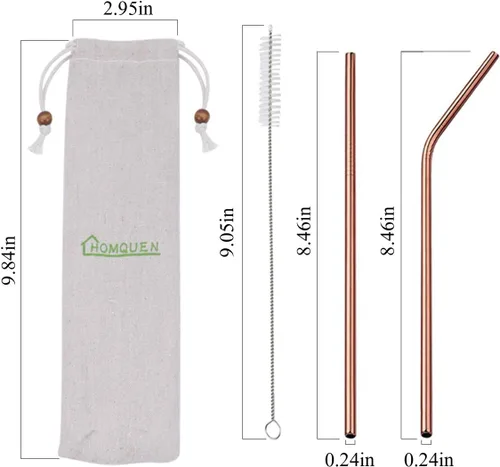 Vista 2 de 18 popotes de acero inoxidable de cobre, popotes reutilizables de oro rosa de 8.5 pulgadas, con bolsa portátil (8 rectos/8 doblados/2 cepillos)