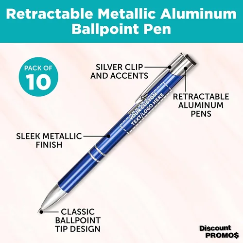 Vista 3 de DISCOUNT PROMOS Juego de 10 bolígrafos de aluminio personalizados, paquete a granel personalizado, tinta negra, ideal para oficina, escuela