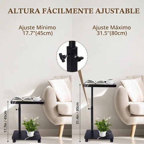 Vista 3 de Mesa auxiliar de mesa C de altura ajustable, extremo en forma de C para sofá, mesas de aperitivos, bandeja de TV giratoria de 360°, para espacios