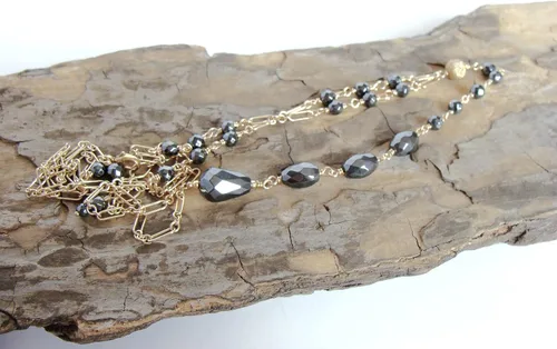 Vista 6 de Long gold hematite Y necklace, lariat, elegant slim statement piece, adjustable length, long drop, handmade
