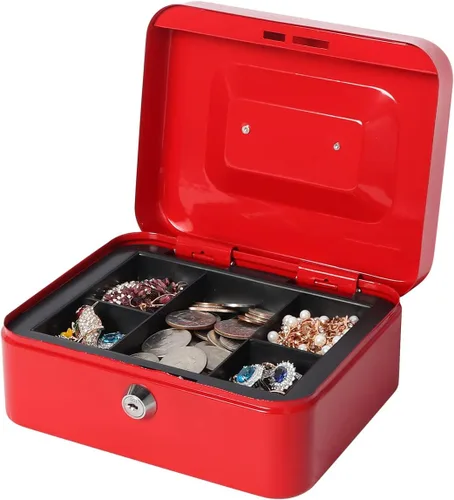 Vista 7 de Caja de dinero pequeña con bandeja de dinero y cerradura, caja de dinero de metal para efectivo, caja de seguridad de 7.87 x 6.3 x 3.54 pulgadas
