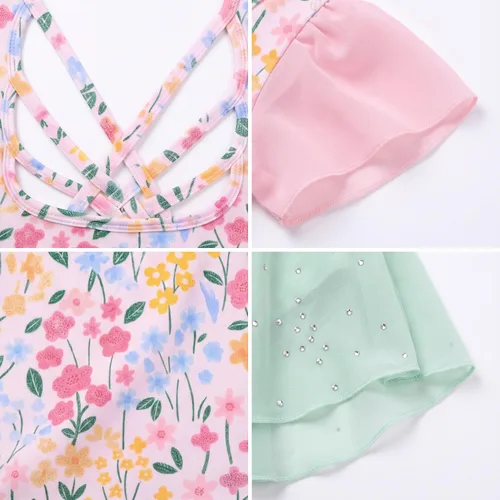 Vista 6 de Arshiner - Malla de ballet con mangas de volantes brillantes y falda con espalda cruzada para niñas Floral rosa aguamarina