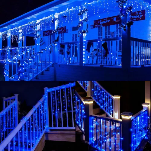 Vista 4 de Luces solares de Navidad de 320 LED, luces de cortina impermeables para decoraciones navideñas al aire libre, 29.5 pies, 60 gotas, 8 modos, luces