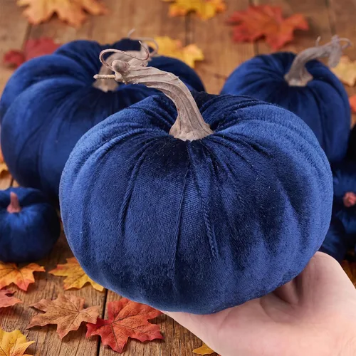 Vista 6 de Gresorth 12 calabazas artificiales de terciopelo grandes, decoración de Azul