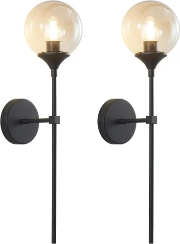 Vista 8 de KCO Mid-Century - Juego de 2 apliques de pared modernos con globo de vidrio ámbar con brazo largo, lámparas de pared industriales doradas