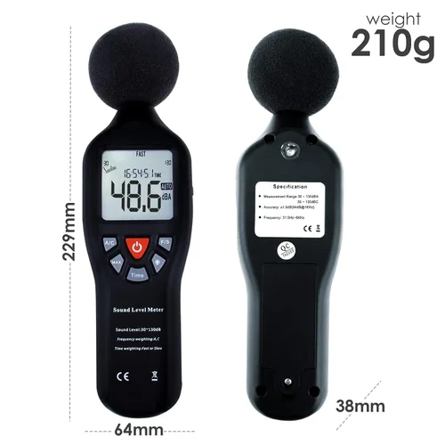 Vista 5 de Instrumento compacto medidor de nivel de sonido profesional con pantalla de retroiluminación Medición de alta precisión 30dB-130dB