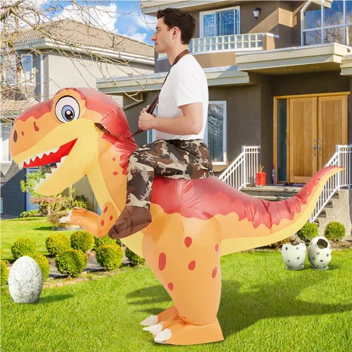 Vista 4 de COMIN Disfraz inflable de dinosaurio para adultos, disfraz de dinosaurio inflable de Trex, disfraz naranja para fiesta de Halloween