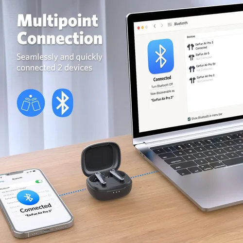 Vista 8 de EarFun Auriculares inalámbricos 2S gratis, auriculares Bluetooth con graves profundos Air Pro 3 Auriculares con cancelación de ruido, sonido