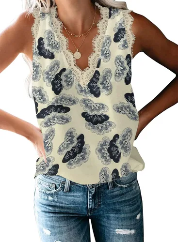 Vista 220 de VIISHOW - Camiseta sin mangas, sexy, con cuello en V y bordes de encaje para mujer, camisola de vestir, camisas de gasa, sin mangas, casuales