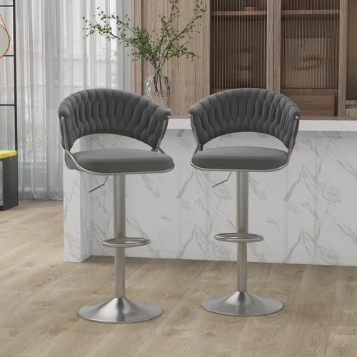 Vista 10 de Juego de 2 taburetes de bar giratorios de 360° con respaldo alto, silla de bar de terciopelo ajustable moderna de altura de mostrador, taburete