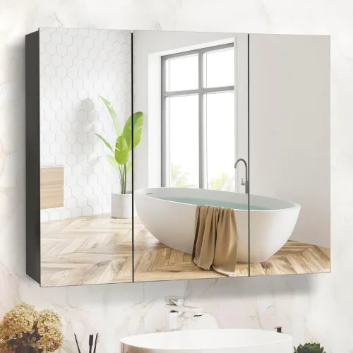 Vista 8 de Movo Botiquín de medicina negro de 40 x 28 pulgadas, espejo de baño, sin marco, gran montaje en pared, con 3 puertas, estantes movibles