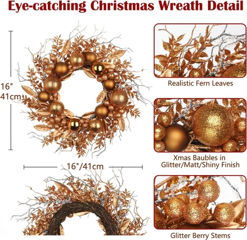 Vista 6 de Corona de Navidad sin luz de 16 pulgadas, corona de puerta de bronce hecha a mano con bayas de eucalipto artificiales y adornos para decoración