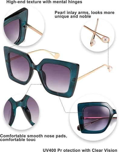 Vista 5 de Feisedy - Lentes de sol de gran tamaño cuadrados a la moda con incrustación de perlas en las patillas ojo de gato para mujer B2625