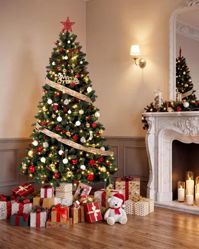 Vista 2 de Aptliton Árbol de Navidad artificial con luces LED, árbol sintético completo para decoración interior del hogar, soporte incluido, verde regular