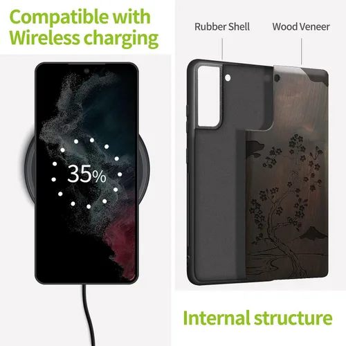 Vista 5 de Carveit Funda de madera para Galaxy S22 2022 [madera natural y TPU suave negro] a prueba de golpes, funda protectora de madera compatible