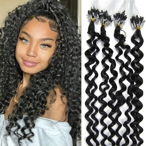 Vista 8 de Micro Link - Extensiones de cabello rizado con micro anillo, punta de bucle, cabello humano Remy real, color marrón oscuro, 20 pulgadas, 100 s #02
