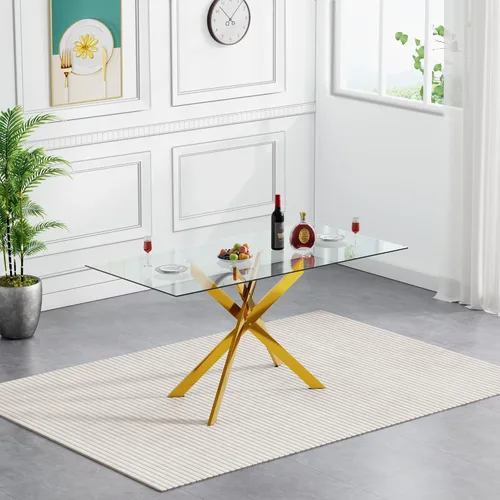 Vista 37 de Mesa de comedor redonda de 35.4 pulgadas para 4, moderna mesa de cocina de vidrio transparente para 4 personas con patas de metal dorado, mesas