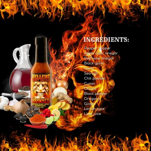 Vista 6 de Hellfire Hot Sauce Kranked - Salsa picante gourmet de ajo negro y Carolina Reaper, presentada en el programa de televisión Hot Ones, 5 onzas.
