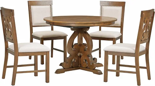 Vista 20 de Juego de mesa de comedor funcional retro de 5 piezas, mesa de comedor redonda extensible de madera y 4 sillas de comedor tapizadas para restaurante