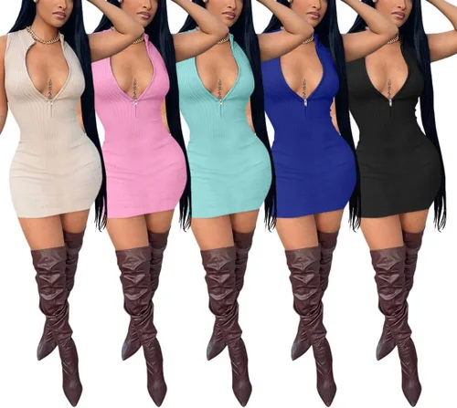 Vista 6 de Yanfoam Vestido sexy con cuello en V para mujer, con cremallera sólida, sin mangas, elástico, mini vestido de cóctel