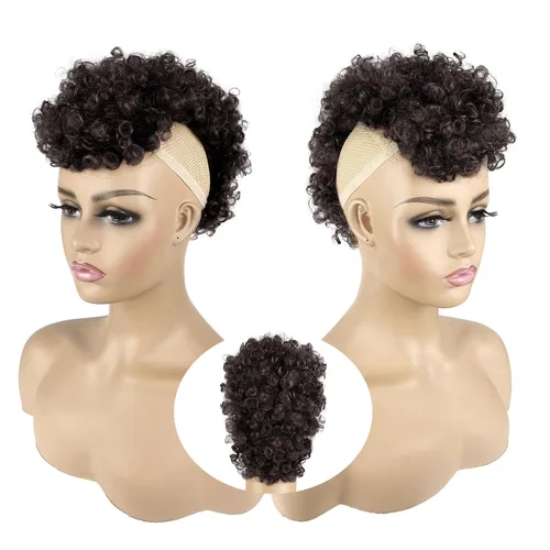 Vista 2 de UA Jerry Curls Mohawk - Cola de caballo sin cordón con flequillo, sintético, corto, afro, rizado, 6 clips BB (2#, negro natural)