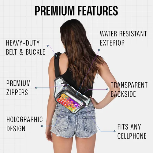 Vista 3 de SoJourner Riñonera holográfica Rave Paquetes para festivales de mujeres y hombres Lindas bolsas de moda para cinturón, Transparente, talla única