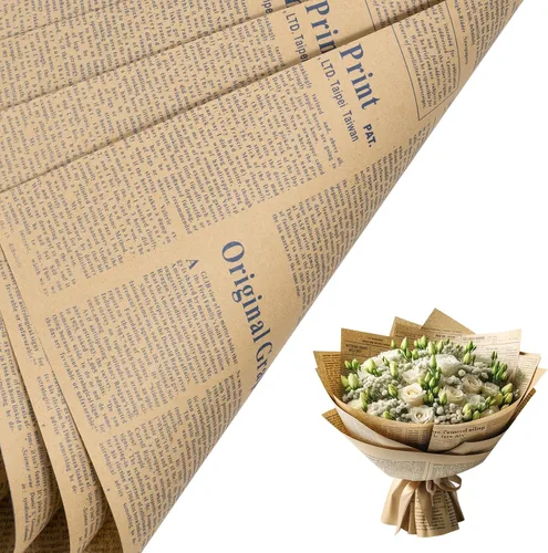 Vista 8 de RUSPEPA 20 hojas de papel de regalo para flores de periódico Kraft, papel reversible para ramos florales, diseño de papel de noticias Kraft